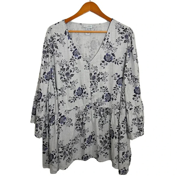 CATHERINES NWT Gray Blue Floral Boho Babydoll Popover Blouse Size 3X Cottagecore - Picture 1 of 11